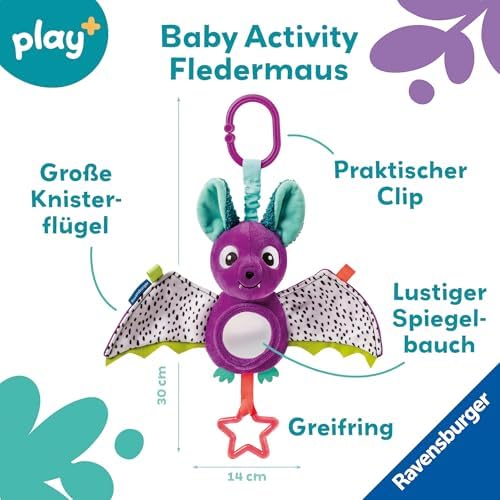 Ravensburger Play+ Baby-Fledermaus, Baby-Spielzeug 0-12 Monate, Kinderwagenspielzeug, verantwortungsbewusst produziert